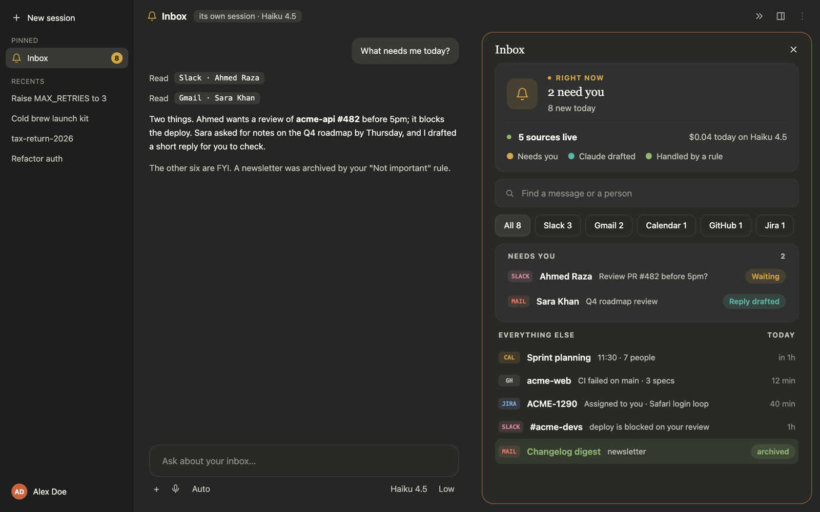 The Inbox session in the Claude desktop app